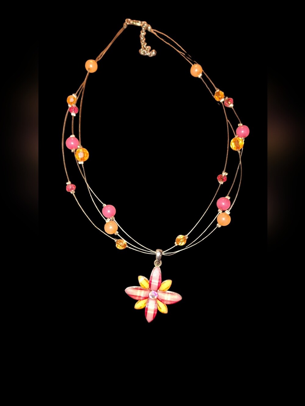 3/25$ Floral beaded multistrand Wire Pink Silvertone boho adjustable necklace
